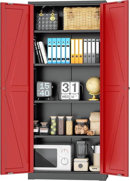 INTERGRAET 63" H Pantry Cabinet, Kitchen Pantry Storage Cabinets with 2 Doors and 4 Shelves, Metal Storage Cabinet,Cupboard for Home,Kitchen,Living Room/Dining, Black Red