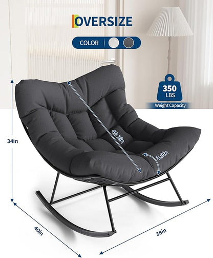 GarveeLife Outdoor Papasan Rocking Chair, Oversized Rocking Chair with Sturdy Metal Frame, Patio Egg Rocker for Balcony Backyard Porch Bedroom, Grey