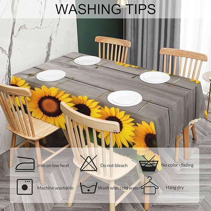 Sunflowers Decorative Tablecloth, Retro Wooden Board Sunflowers Kitchen Table Cover Oblong 52"X70" Tablecloths Dining Table Cloth Buffet Parties Patio and Camping Yellow
