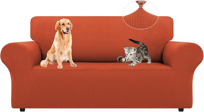 LURKA Stretch Loveseat Couch Cover, 1 Piece 2 Cushion Slipcover, Pumpkin | Soft Stretch Jacquard, Fits 55"-78" Loveseats, Elastic Bottom for Secure Fit, Machine Washable, Pet & Kid Friendly