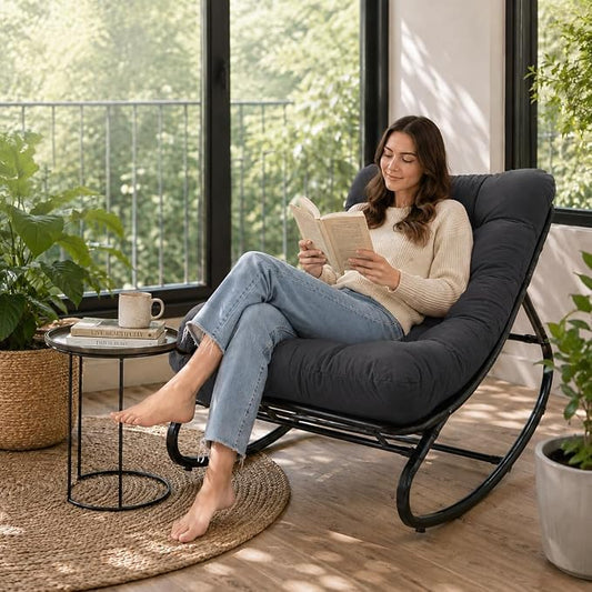 Garvee Papasan Rocking Chair, Thick Cushion, 450 lb Frame, Walnut Brown | Gentle rocking motion and a roomy curved seat create a calm reading retreat for patios, balconies, bedrooms or living rooms.