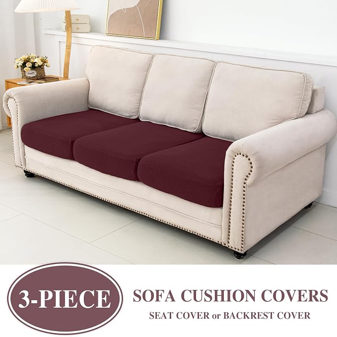 LA MEACK Couch Cushion Covers Seat Cushion Cover Stretch Couch Cover Separate Sectional Sofa Slipcovers Furniture Protector(3 Pieces for Seat or Sofa Backrest, Burgundy)