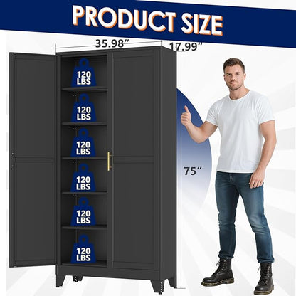erosoei 75" H Large Metal Garage Storage Cabinet, Black Metal Pantry Cabinet with 2 Doors, Locker Steel Cabinet with 5 Adjustable Shelves, Freestanding Cupboard for Garage,Office,Home,Gym,School