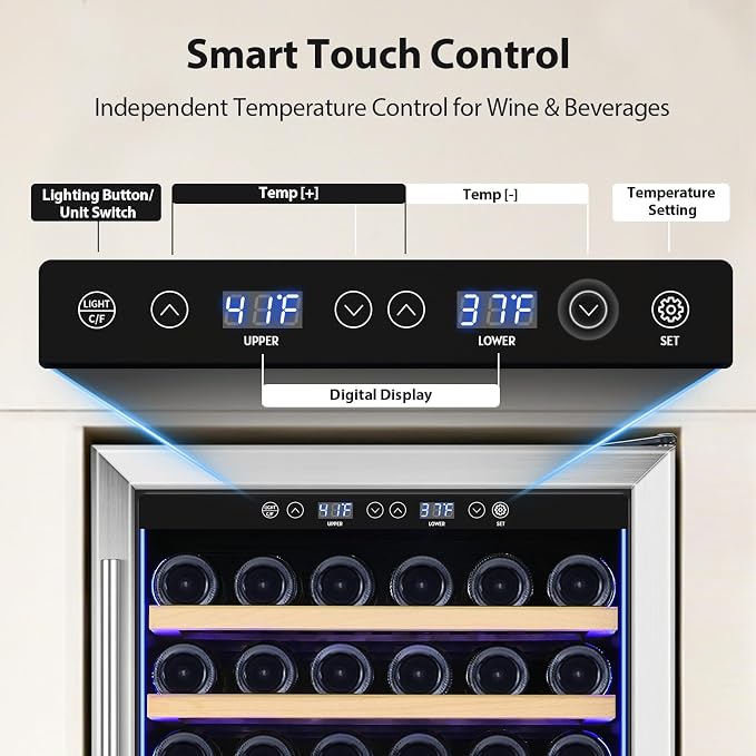 ORYMUSE 24 Inch Dual Zone Wine and Beverage Refrigerator, 180 Can / 77 Bottle Capacity Built-In Freestanding Wine Fridge with Glass Door, Drink Cooler for Kitchen Home Bar, Blue LED Light