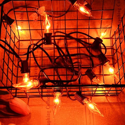 Halloween Lights 27.8 FT Flickering Flame String Lights with 25 Flame Light Bulbs Twinkle C18 E12 Base Indoor Outdoor Fireplace Tree for Halloween Decorations-Black Wire