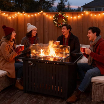 43 Inch Outdoor Propane Fire Pit Table 50,000 BTU, Rectangle Gas Fire Pit with Glass Wind Guard & Tempered Glass Top for Outside Patio & Backyard, Includes Rain Cover & Glass Beads