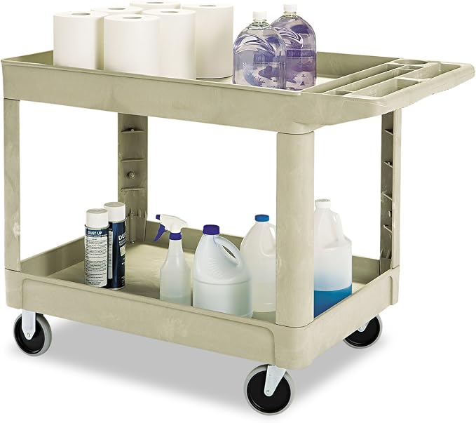 Rubbermaid Commercial Products BRUTE Heavy Duty 2-Shelf Utility/Service Cart, Medium, Lipped Shelves, Ergonomic Handle, 500 lbs. Capacity, Beige, for Warehouse/Garage/Cleaning/Maintenance