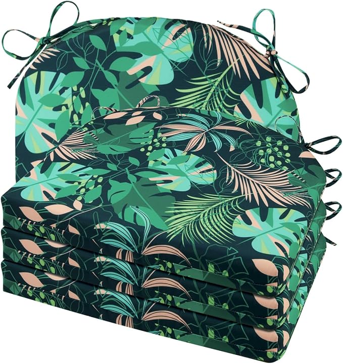 Cozyide Outdoor Chair Cushions, Waterproof Patio Seat Cushions with Adjustable Straps, Round Corner Patio Chair Cushions for Garden, Green Leaf, 17x16x2 Inch (Pack of 4)