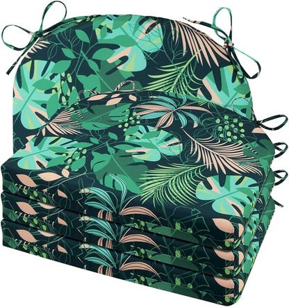 Cozyide Outdoor Chair Cushions, Waterproof Patio Seat Cushions with Adjustable Straps, Round Corner Patio Chair Cushions for Garden, Green Leaf, 17x16x2 Inch (Pack of 4)