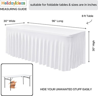 4 Pack White Spandex Table Covers 8ft Rectangle Ruffle Skirts for Party | Elastic Table Covers 8 Foot, Pleated Fitted Table Cloths, Wrinkle Resistant Elegant Table Skirts Wedding, Banquets