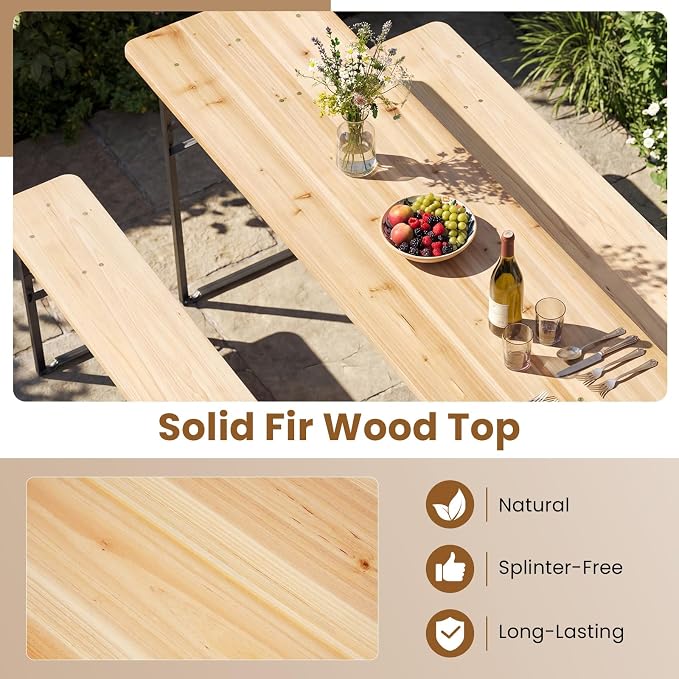 GIANTEX 70 Inch Folding Picnic Tables with Benches Set, Solid Wood Camping Beer Table Bench Set with Metal Frame, 3-Piece Portable Patio Dining Furniture, Indoor & Outdoor Folding Table and Chairs