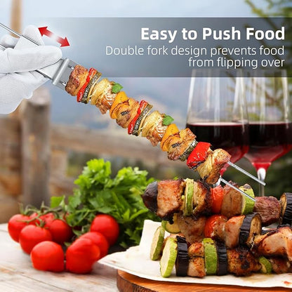Skewers for Grilling- 17 inch (6 Pack) Double Pronged Flat Stainless Steel BBQ Skewer with Push Bar- Kabob Skewers Skewer Sticks for Camping or family - Reusable, BBQ Accessorie