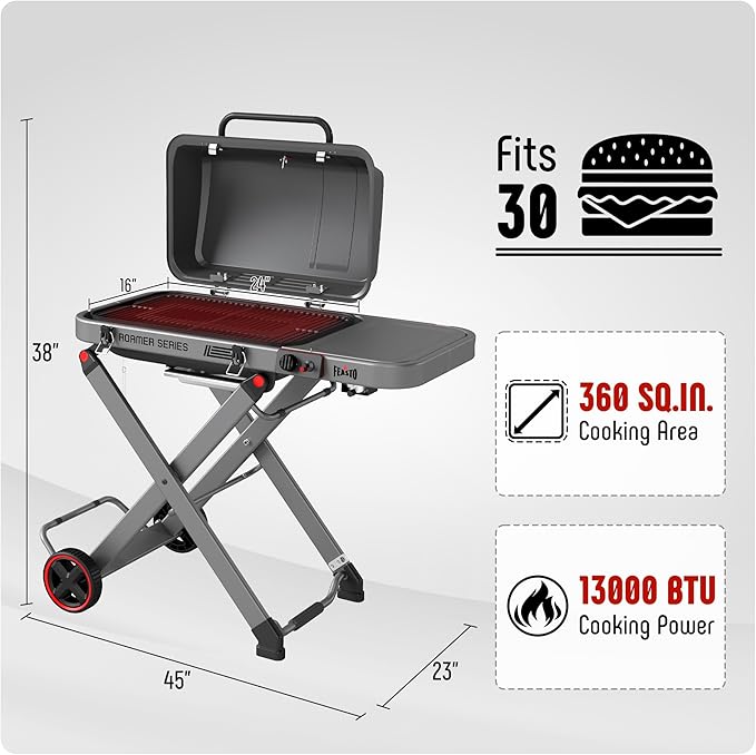 FEASTO Portable Propane Gas Grill with Folding Cart & 13000 BTUs Burner, 360 Sq. In. Cast Iron Cooking Grates, Side Table, 8" Wheels, Stainless Grease Tray for Outdoor BBQ, Camping & Tailgating, Grey