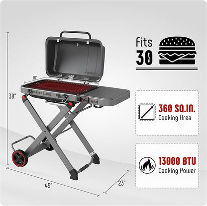 FEASTO Portable Propane Gas Grill with Folding Cart & 13000 BTUs Burner, 360 Sq. In. Cast Iron Cooking Grates, Side Table, 8" Wheels, Stainless Grease Tray for Outdoor BBQ, Camping & Tailgating, Grey