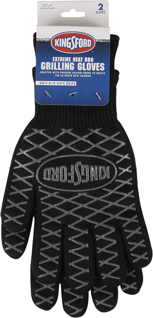 Kingsford Heat Resistant BBQ Grill Gloves, Aramid Fiber and Silicone Grip, Five Finger Gloves for Grilling, Baking, Frying, Smoker and Fire Pit Outdoor Use, One Size - 2 Count