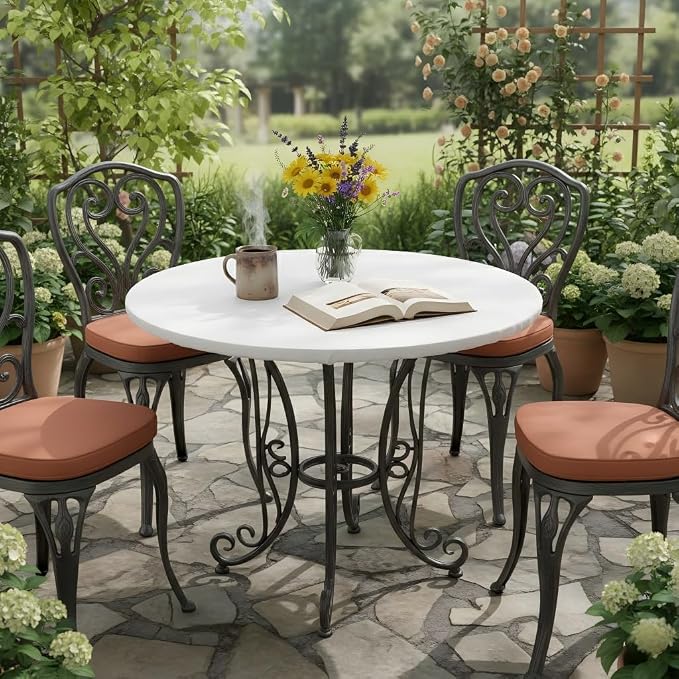 LUSHVIDA Round Waterproof Table Cover Elastic Vinyl Fitted Tablecloth Elastic Edged Plastic Table Cloth (White, Best for Up to 36"-44" Round)