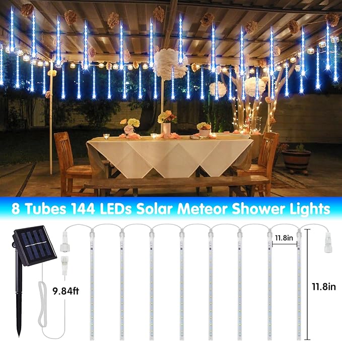 JMEXSUSS Blue and White Solar Meteor Shower Rain Lights, 30cm 8 Tube 144 LED Solar Christmas Lights for Party Holiday Yard Patio Decorations