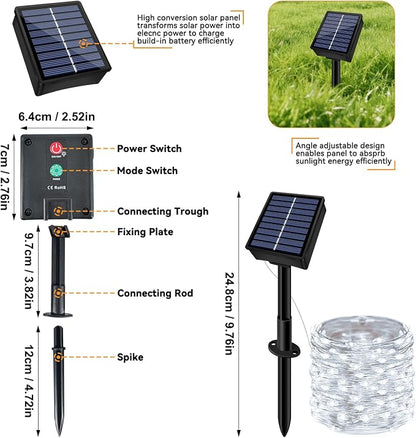Solar String Lights Outdoor Waterproof 33ft 100LED 8 Modes Twinkle Lights Solar Fairy Lights for Patio, Garden Yard Party Wedding Tree Christmas Halloween Decoration, White