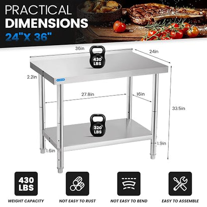 KUARBARR Stainless Steel Table for Prep & Work with Backsplash 24 x 36 Inches NSF Metal Commercial Kitchen Adjustable Under Shelf Worktable for Restaurant Home Outdoor