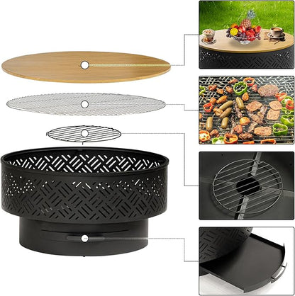 OutVue 32" Wood Burning Fire Pits with Grill & Lid, Fire Pit Table for Outside with Waterproof Cover & Fire Poker, Outdoor Firepit with Functions for BBQ,Table and Bonfire