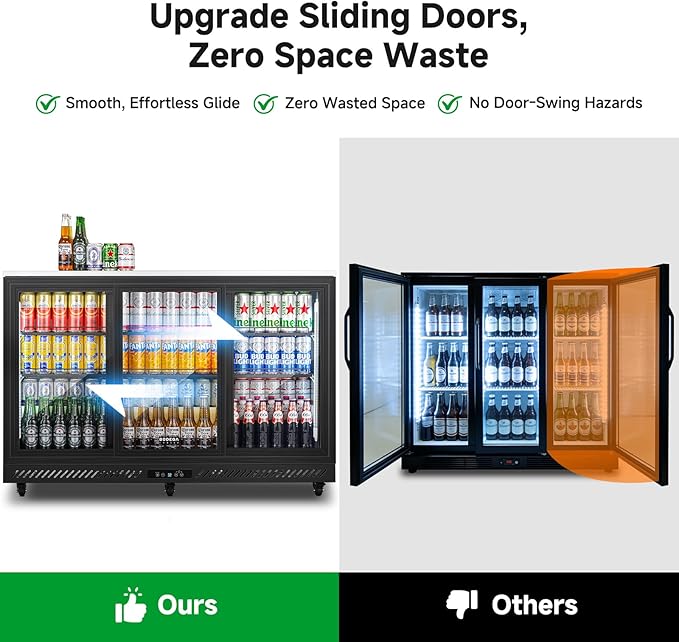 BODEGACOOLER 12 Cu.Ft Back Bar Cooler, 3 Sliding Glass Doors, 6 Castes | Commercial beverage refrigerator for beer and soda with Stainless Steel Top, 6 adjustable shelves, LED lighting, 32°F-50°F