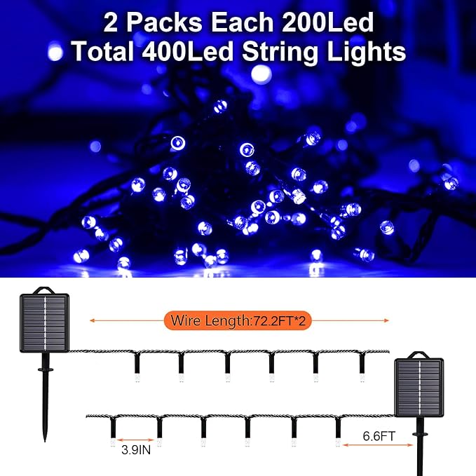 Solar Christmas String Lights, Blue 200Led, Outdoor Waterproof | 2 Pack Total 400Led 144Ft 8 Mode, IP44 Outside Fairy Lights for Tree, Garden, Patio, Lawn, Party, Yard Decorations