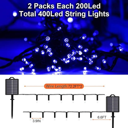 Solar Christmas String Lights, Blue 200Led, Outdoor Waterproof | 2 Pack Total 400Led 144Ft 8 Mode, IP44 Outside Fairy Lights for Tree, Garden, Patio, Lawn, Party, Yard Decorations