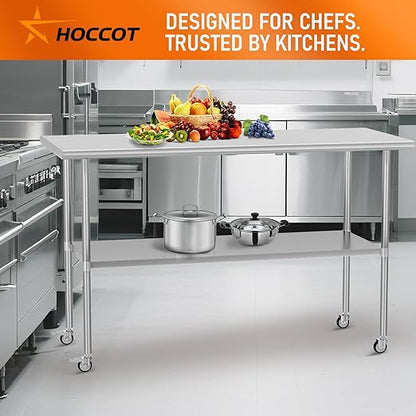 Stainless Steel Table with Wheels 24" x 60" Utility Worktable with Adjustable Undershelf for Commercial Kitchen, Garage, Restaurant