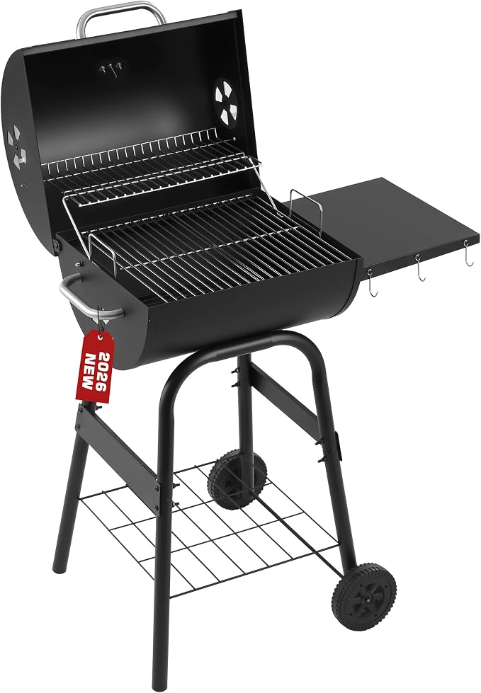 Barrel Charcoal Grill, 388 Sq. In. Outdoor BBQ Grill | 4-level adjustable charcoal pan, thermometer, warming rack, side shelf with hooks, wheels and bottom storage rack