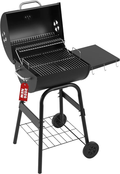 Barrel Charcoal Grill, 388 Sq. In. Outdoor BBQ Grill | 4-level adjustable charcoal pan, thermometer, warming rack, side shelf with hooks, wheels and bottom storage rack
