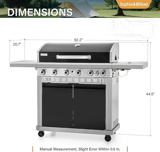 Sophia & William 6-Burner Propane Gas BBQ Grill with Side Burner & Porcelain-Enameled Cast Iron Grates, Gas Grill Griddle Combo for Outdoor Cooking, Barbecue Events, 740 SQ.IN. Cooking Area, Black