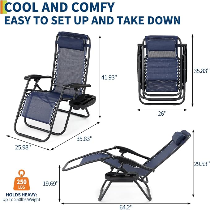 Garvee Outdoor Reclining Lounge Chair Set of 2 with Cup Holder & Padded Headrest, Adjustable Patio Folding Chairs, Heavy Duty Portable Camping Lawn Chairs for Pool, Backyard, Beach, Deck Blue