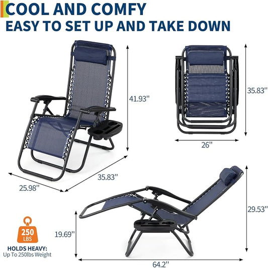 Garvee Outdoor Reclining Lounge Chair Set of 2 with Cup Holder & Padded Headrest, Adjustable Patio Folding Chairs, Heavy Duty Portable Camping Lawn Chairs for Pool, Backyard, Beach, Deck Blue