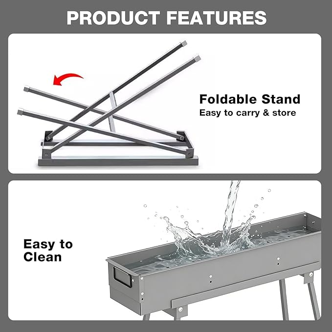Portable Charcoal Grill with 12PCS Skewers with Metal Storage Tube, Heavy Duty BBQ Grill with Folding Legs and 31.6x7.1" Cooking Area, Kebab Grill for Outdoor Backyard Picnic Camping Party