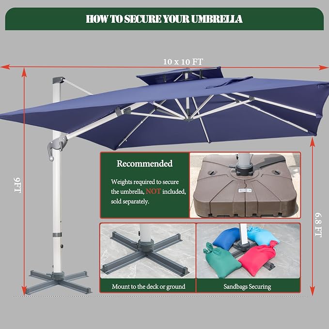 Cantilever Patio Umbrella with Cross Base and Cover Included - 360° Rotation Large Heavy Duty Offset Outdoor Umbrella with Easy Tilt for Pool Backyard Deck Garden (10x10 FT Navy Blue)
