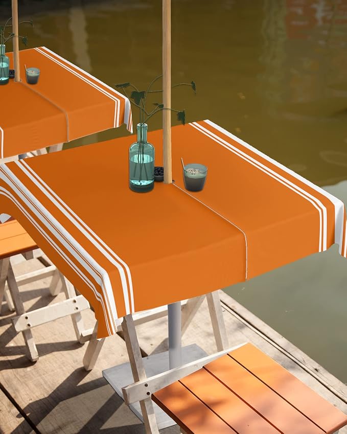 Queenker Fall Outdoor Tablecloth with Umbrella Hole, Farmhouse Orange White Stripe Square Tables Zippered Table Cloth Waterproof Tabletop Cover Collection for Patio, Garden, Picnic, Camping, Dining