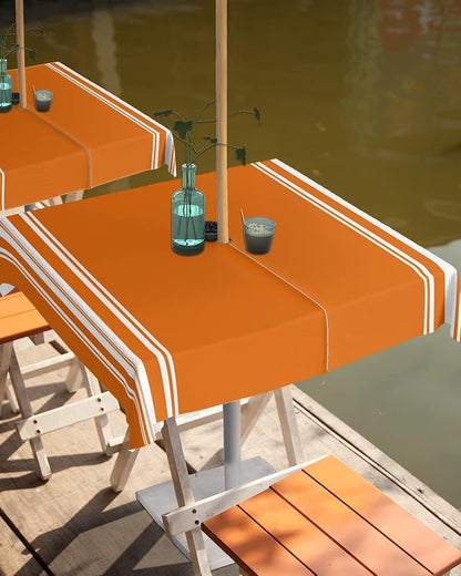Queenker Fall Outdoor Tablecloth with Umbrella Hole, Farmhouse Orange White Stripe Square Tables Zippered Table Cloth Waterproof Tabletop Cover Collection for Patio, Garden, Picnic, Camping, Dining