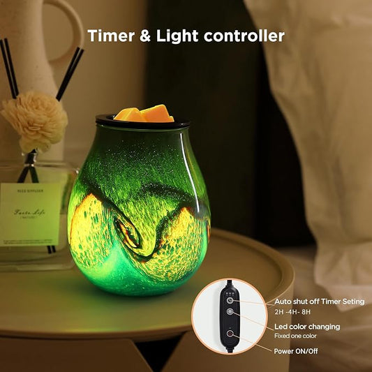 Glass Electric Wax Melt Warmer Oil Burner with Stable Heating PTC Reusable Silicone Tray 7 Colorful Changing Led Light Night Light Scent Warmer for Home Fragrance Warmers-GreenTimer