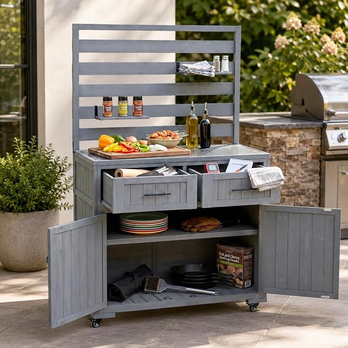 Outdoor Kitchen Island Cart with Stainless Steel Top, Grill Prep Table | Solid fir wood frame, stainless steel top, 64.9 in height, 3 movable shelves, lockable wheels, 110 lb top, BBQ and garden use