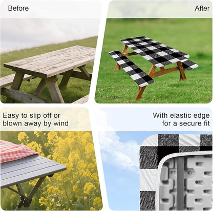 FOREVER QUEEN Picnic Table Cover with Bench Covers 72in,Waterproof Windproof Fitted Tablecloth,Black White Buffalo Plaid Camping Essentials with Drawstring Bag for Patio,Park & Backyard