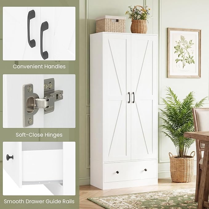 GIANTEX 72" Tall Kitchen Pantry Cabinet, Farmhouse Cupboard, White | Wooden Buffet Cabinet w/ 2 Doors, Drawer & Adjustable Shelf, Freestanding Versatile Storage Cabinet for Living Room Bathroom