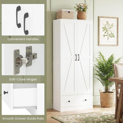 GIANTEX 72" Tall Kitchen Pantry Cabinet, Farmhouse Cupboard, White | Wooden Buffet Cabinet w/ 2 Doors, Drawer & Adjustable Shelf, Freestanding Versatile Storage Cabinet for Living Room Bathroom