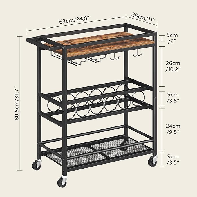 MAHANCRIS Bar Cart for Home, Kitchen Island Cart, Rolling Wine Cart with Glass Holders, 3-Tier Serving Cart with Wine Rack, Beverage Cart and Drink Cart, Rustic Brown and Black RCHR11801
