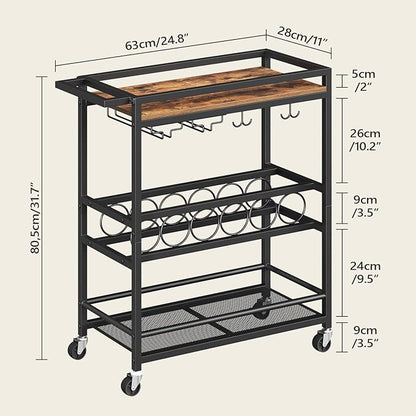 MAHANCRIS Bar Cart for Home, Kitchen Island Cart, Rolling Wine Cart with Glass Holders, 3-Tier Serving Cart with Wine Rack, Beverage Cart and Drink Cart, Rustic Brown and Black RCHR11801