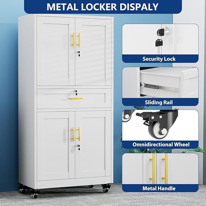 Ckzbx Metal Garage Storage Cabinet with Locking Drawers and Adjustable Shelves,71" H Steel File Cabinet with Wheels for Garage,Office (White)