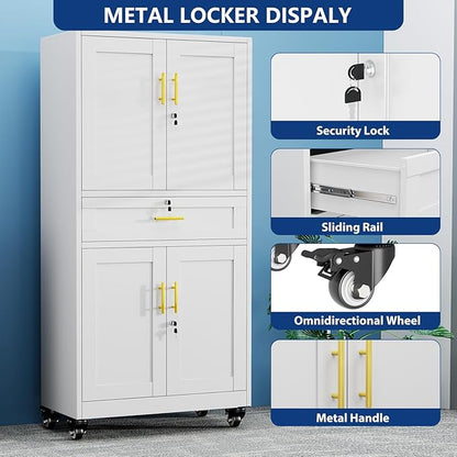 Ckzbx Metal Garage Storage Cabinet with Locking Drawers and Adjustable Shelves,71" H Steel File Cabinet with Wheels for Garage,Office (White)