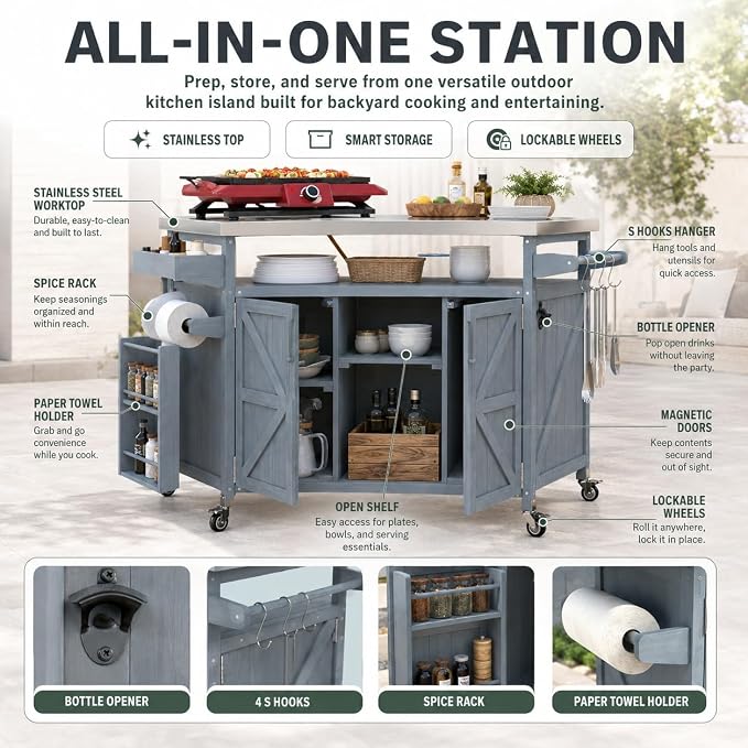 Outdoor Kitchen Island, 50.25" Rolling Grill Table with Storage Cabinet, 201 Stainless Steel Top Outdoor Bar Cart, Solid Fir Wood BBQ Prep Station with Adjustable Shelves, Spice Rack (Grey Blue)