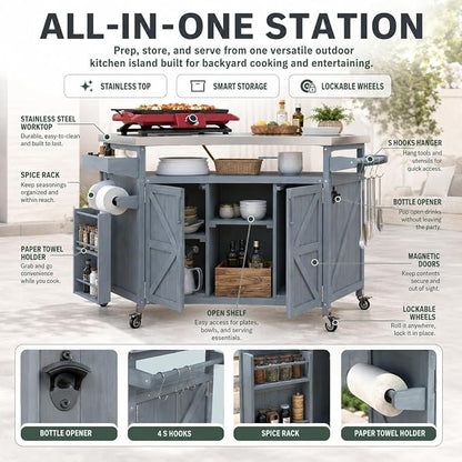 Outdoor Kitchen Island, 50.25" Rolling Grill Table with Storage Cabinet, 201 Stainless Steel Top Outdoor Bar Cart, Solid Fir Wood BBQ Prep Station with Adjustable Shelves, Spice Rack (Grey Blue)