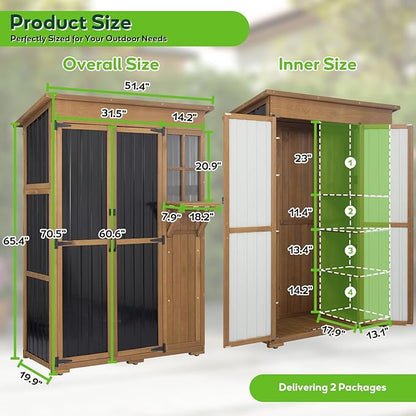 Large Outdoor Storage Cabinet Waterproof with Shelves, Outside Storage Shed Tall Backyard Cabinet with Fold-Out Table for Patio, Garage, Garden, Pool Accessories Storage, Black, 70.5"H x 51"L