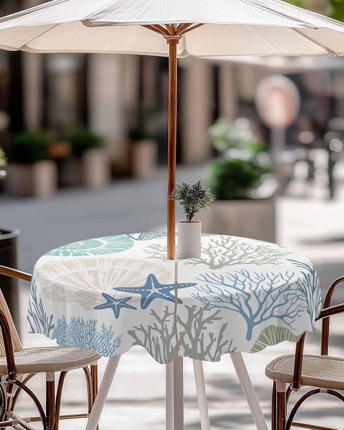 Coastal Outdoor Tablecloth - 60 Inch Round Dining Table Cover, Blue Teal Coral Summer Beach Ocean Starfish Waterproof Outdoor Table Cloth with Umbrella Hole & Zipper for Picnic/Patio/Party